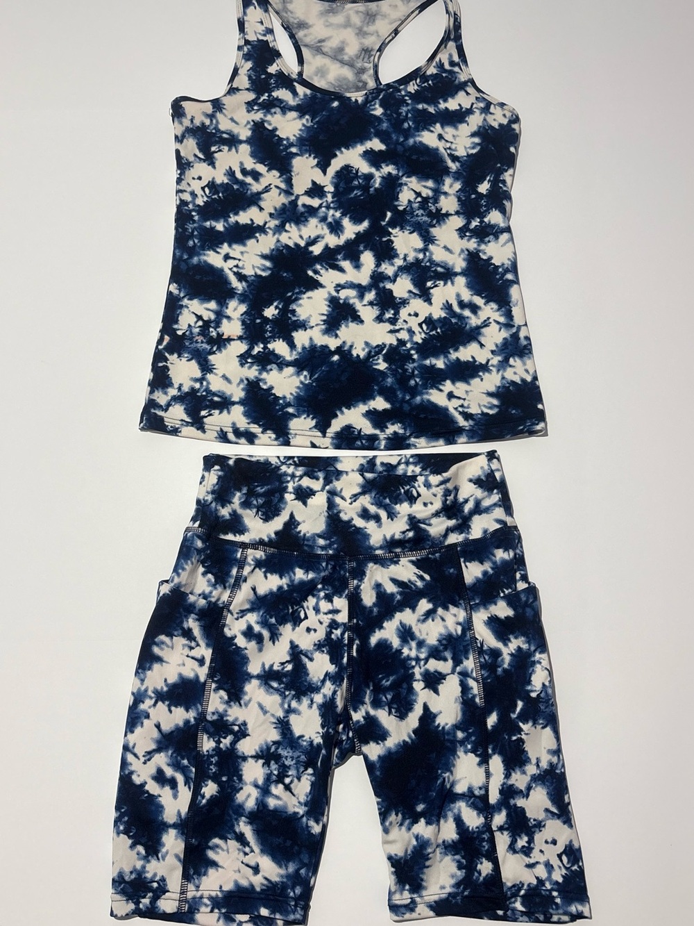 Navy & White Tie-Dye Racerback Tank and Biker Short Set
